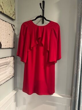 Halston Heritage Red Ruffle Cape Res Dress XS